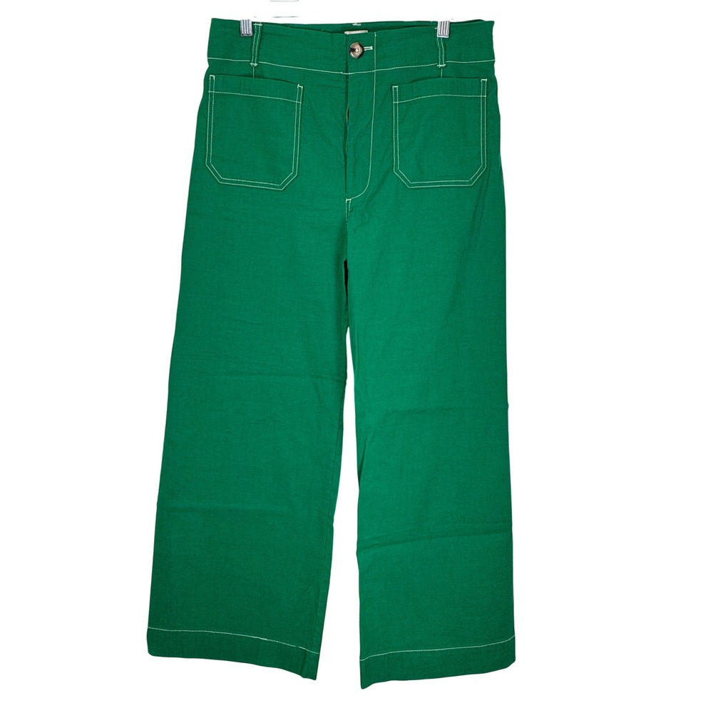 Anthropologie Maeve Colette Pants Forest Green Wide Leg Linen Crop Ankle Size 30